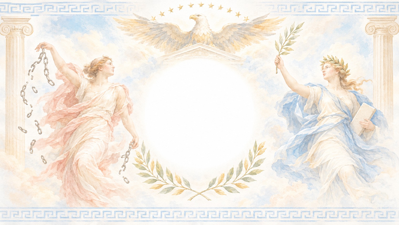 Soft pastel fresco of a classical figure releasing her chains and a goddess of liberty holding laurel and the tablet of law, beneath an American eagle and ivory columns